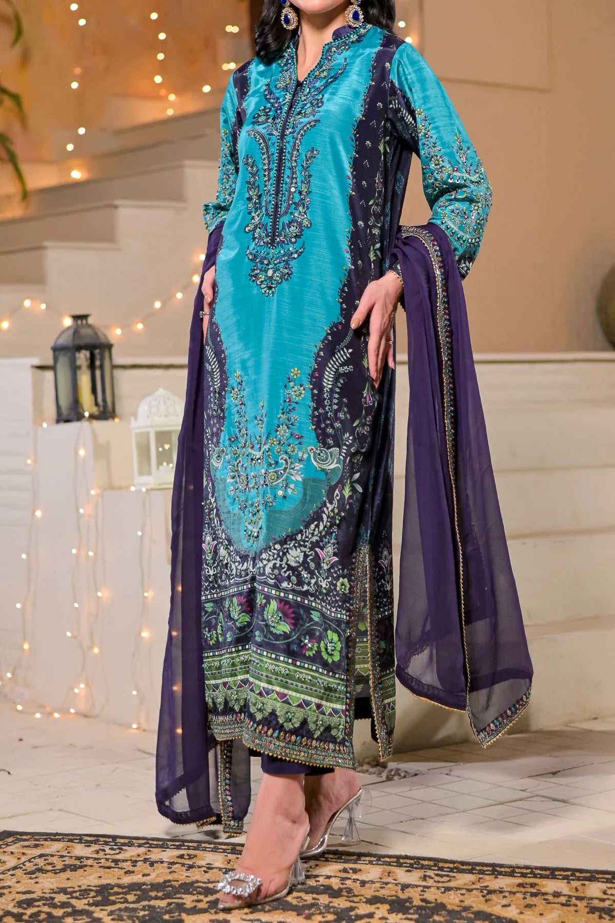 WOMEN'S-3 PIECE  PRINTED RAW SILK | DPV-236